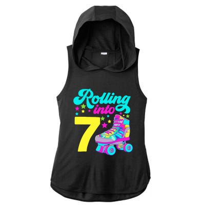 Rolling Into 7 Girl 7th Birthday Roller Skates Ladies PosiCharge Tri-Blend Wicking Draft Hoodie Tank