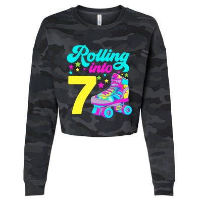 Rolling Into 7 Girl 7th Birthday Roller Skates Cropped Pullover Crew