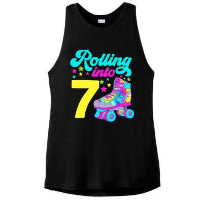 Rolling Into 7 Girl 7th Birthday Roller Skates Ladies PosiCharge Tri-Blend Wicking Tank