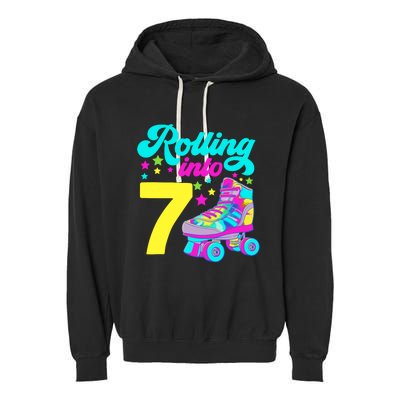 Rolling Into 7 Girl 7th Birthday Roller Skates Garment-Dyed Fleece Hoodie