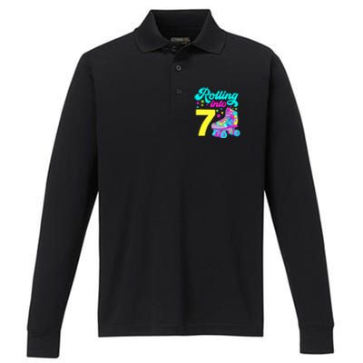 Rolling Into 7 Girl 7th Birthday Roller Skates Performance Long Sleeve Polo