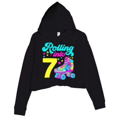 Rolling Into 7 Girl 7th Birthday Roller Skates Crop Fleece Hoodie