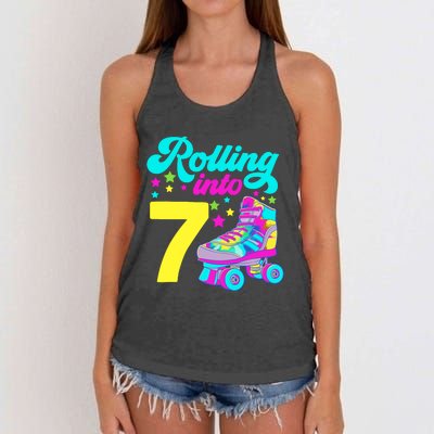 Rolling Into 7 Girl 7th Birthday Roller Skates Women's Knotted Racerback Tank