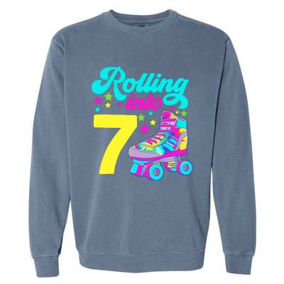 Rolling Into 7 Girl 7th Birthday Roller Skates Garment-Dyed Sweatshirt