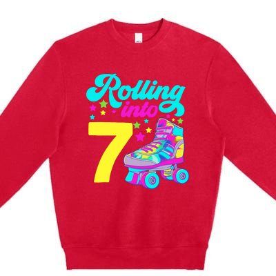 Rolling Into 7 Girl 7th Birthday Roller Skates Premium Crewneck Sweatshirt