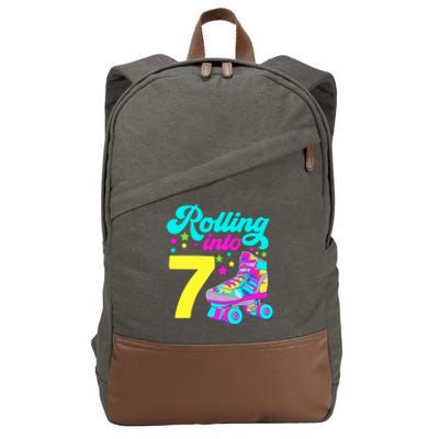 Rolling Into 7 Girl 7th Birthday Roller Skates Cotton Canvas Backpack