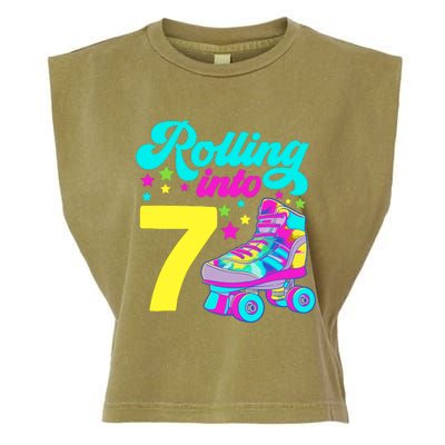 Rolling Into 7 Girl 7th Birthday Roller Skates Garment-Dyed Women's Muscle Tee