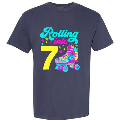 Rolling Into 7 Girl 7th Birthday Roller Skates Garment-Dyed Heavyweight T-Shirt