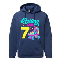 Rolling Into 7 Girl 7th Birthday Roller Skates Performance Fleece Hoodie