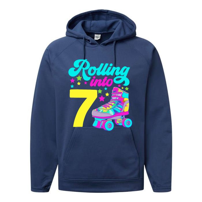 Rolling Into 7 Girl 7th Birthday Roller Skates Performance Fleece Hoodie