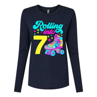 Rolling Into 7 Girl 7th Birthday Roller Skates Womens Cotton Relaxed Long Sleeve T-Shirt