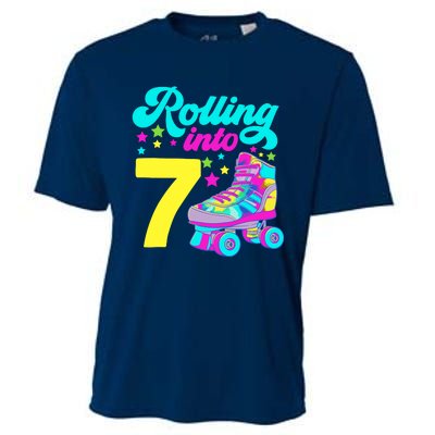 Rolling Into 7 Girl 7th Birthday Roller Skates Cooling Performance Crew T-Shirt