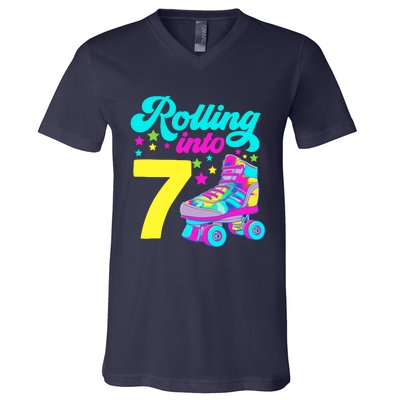 Rolling Into 7 Girl 7th Birthday Roller Skates V-Neck T-Shirt