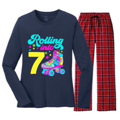 Rolling Into 7 Girl 7th Birthday Roller Skates Women's Long Sleeve Flannel Pajama Set 