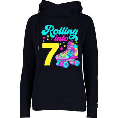 Rolling Into 7 Girl 7th Birthday Roller Skates Womens Funnel Neck Pullover Hood