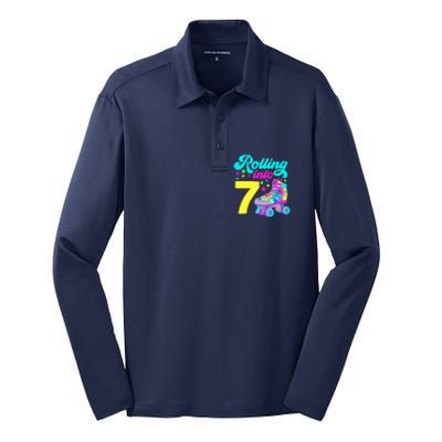 Rolling Into 7 Girl 7th Birthday Roller Skates Silk Touch Performance Long Sleeve Polo