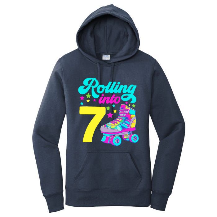 Rolling Into 7 Girl 7th Birthday Roller Skates Women's Pullover Hoodie