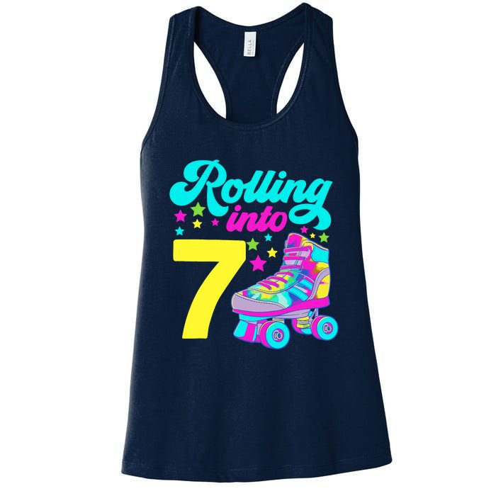 Rolling Into 7 Girl 7th Birthday Roller Skates Women's Racerback Tank