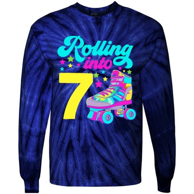 Rolling Into 7 Girl 7th Birthday Roller Skates Tie-Dye Long Sleeve Shirt