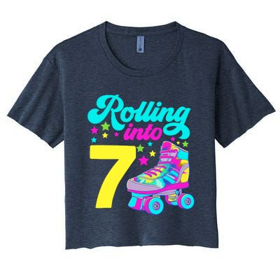 Rolling Into 7 Girl 7th Birthday Roller Skates Women's Crop Top Tee