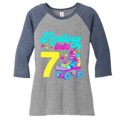 Rolling Into 7 Girl 7th Birthday Roller Skates Women's Tri-Blend 3/4-Sleeve Raglan Shirt