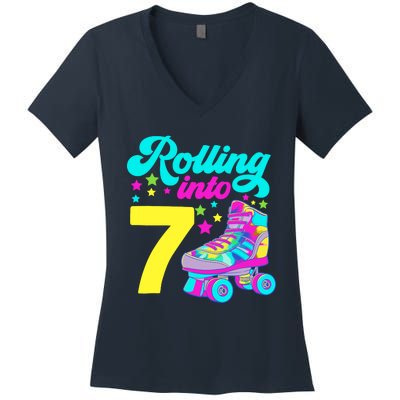 Rolling Into 7 Girl 7th Birthday Roller Skates Women's V-Neck T-Shirt