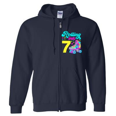 Rolling Into 7 Girl 7th Birthday Roller Skates Full Zip Hoodie