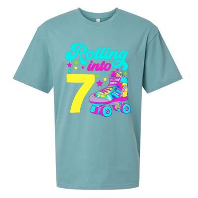 Rolling Into 7 Girl 7th Birthday Roller Skates Sueded Cloud Jersey T-Shirt