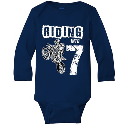 Riding Into 7 Years Old 7th Birthday Boy Dirt Bike Party Baby Long Sleeve Bodysuit