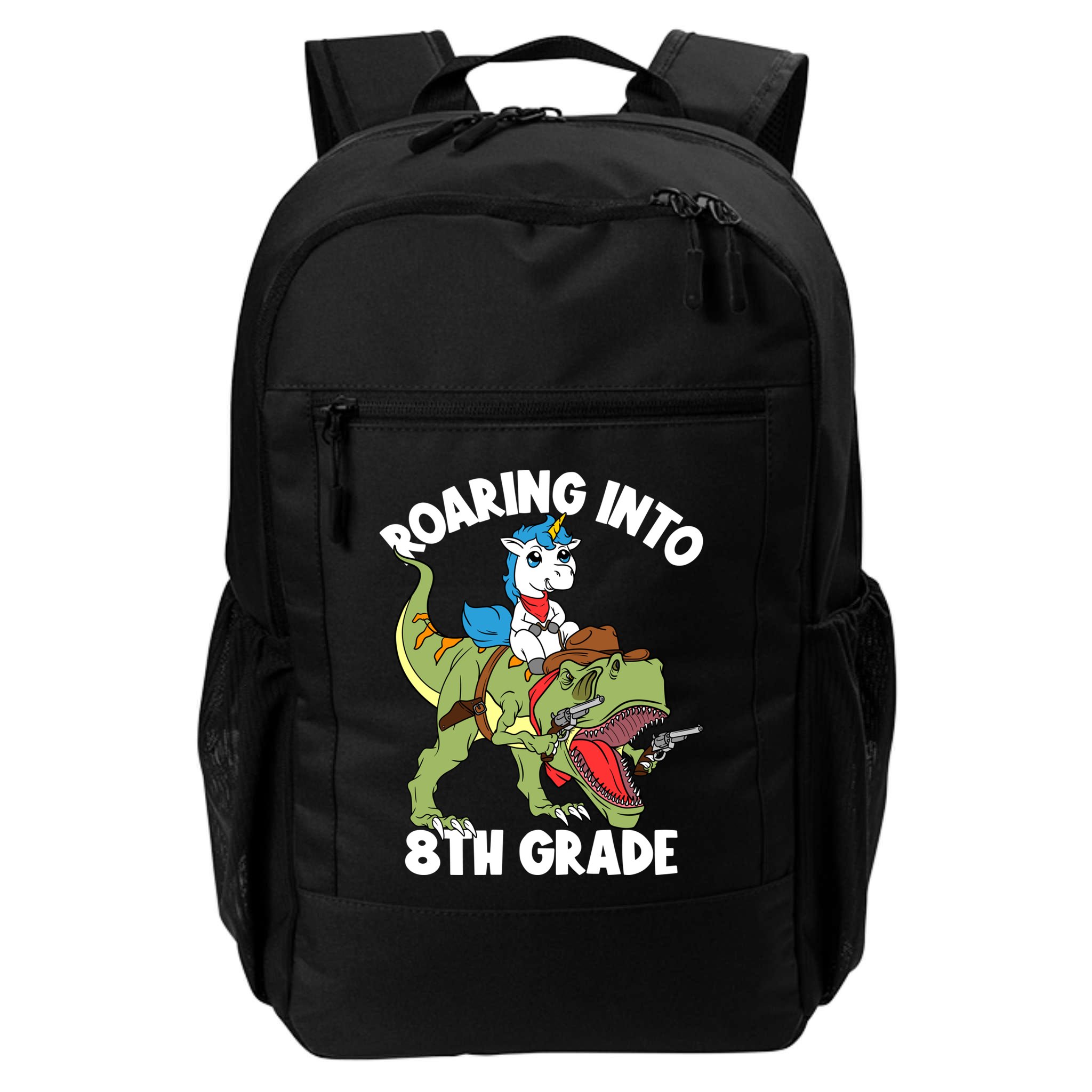 Roaring Into 8th Grade Unicorn Riding Dinosaur Gift Backpack