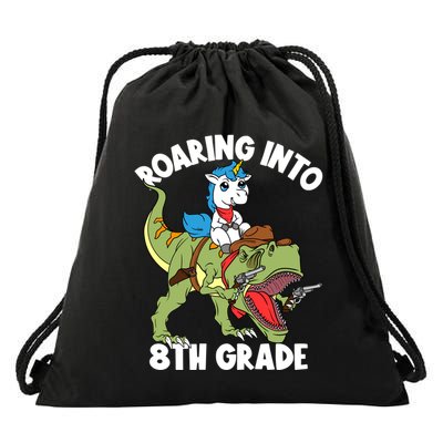 Roaring Into 8th Grade Unicorn Riding Dinosaur Gift Drawstring Bag