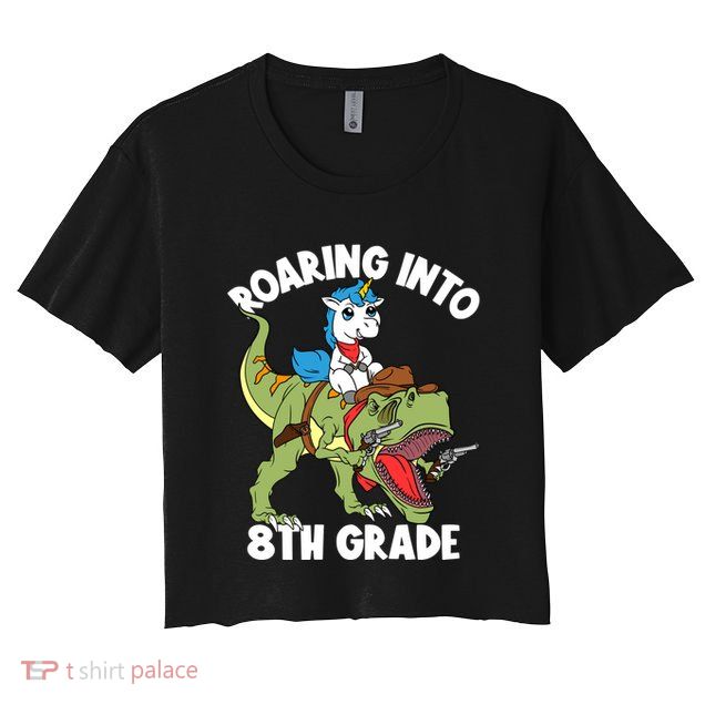 Roaring Into 8th Grade Unicorn Riding Dinosaur Gift Crop Top