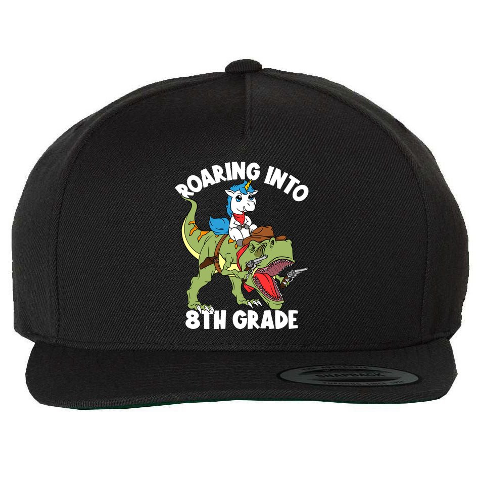 Roaring Into 8th Grade Unicorn Riding Dinosaur Gift Wool Snapback Cap