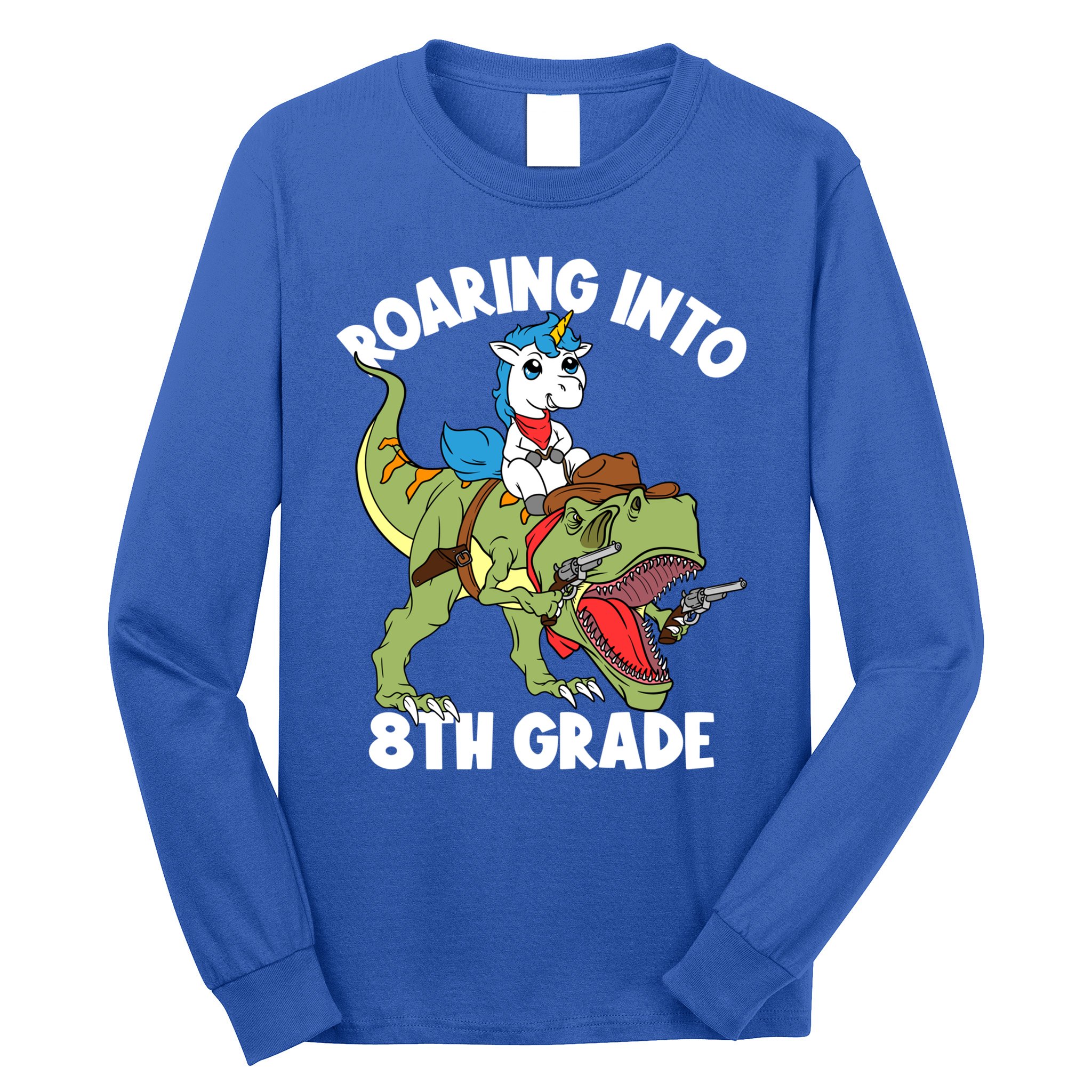 Roaring Into 8th Grade Unicorn Riding Dinosaur Gift Long Sleeve Shirt