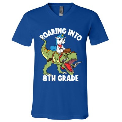 Roaring Into 8th Grade Unicorn Riding Dinosaur Gift V-Neck T-Shirt