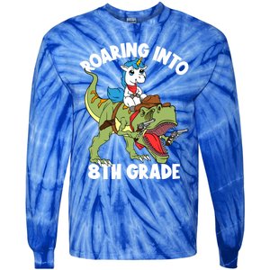 Roaring Into 8th Grade Unicorn Riding Dinosaur Gift Tie-Dye Long Sleeve Shirt