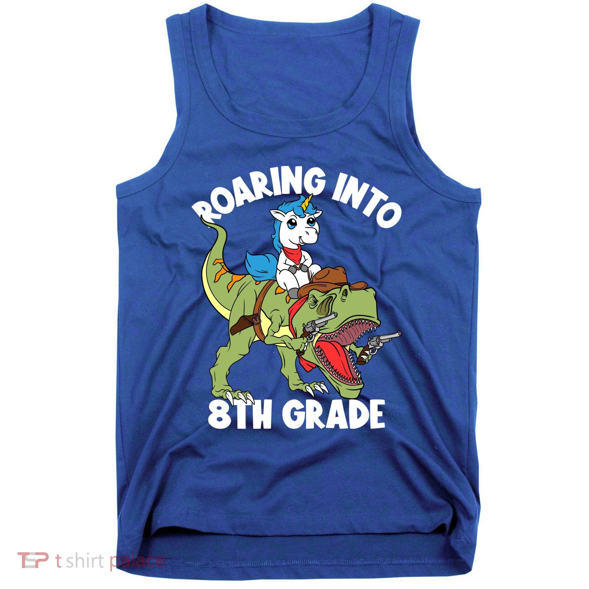 Roaring Into 8th Grade Unicorn Riding Dinosaur Gift Tank Top