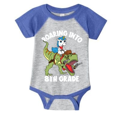 Roaring Into 8th Grade Unicorn Riding Dinosaur Gift Infant Baby Jersey Bodysuit