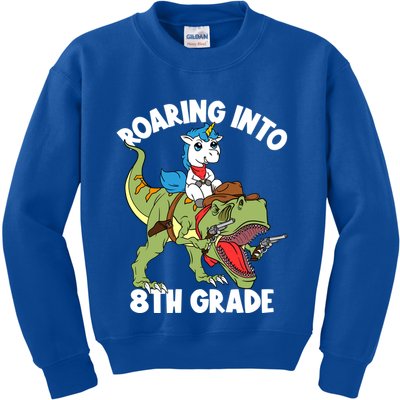 Roaring Into 8th Grade Unicorn Riding Dinosaur Gift Kids Sweatshirt
