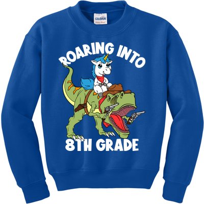 Roaring Into 8th Grade Unicorn Riding Dinosaur Gift Kids Sweatshirt