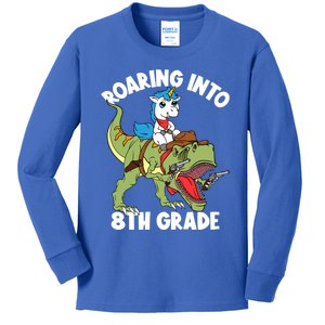 Roaring Into 8th Grade Unicorn Riding Dinosaur Gift Kids Long Sleeve Shirt