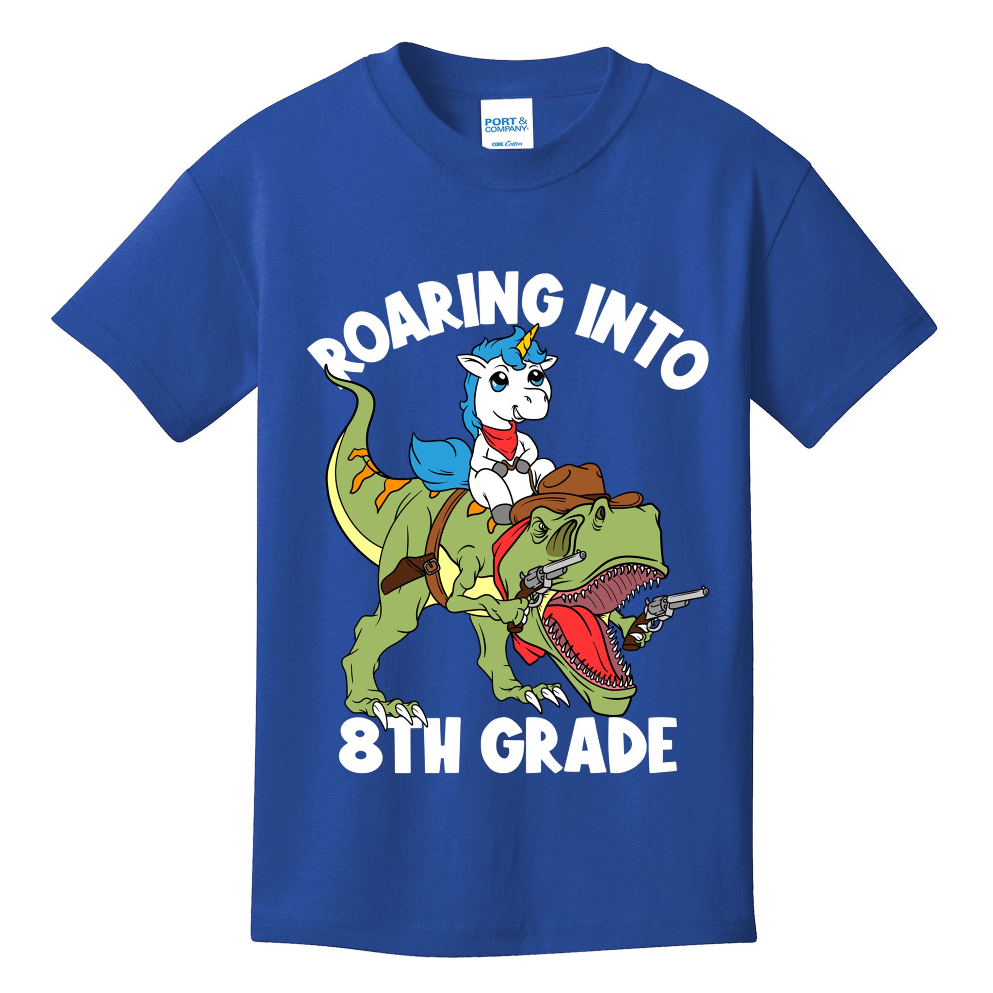 Roaring Into 8th Grade Unicorn Riding Dinosaur Gift Kids T-Shirt