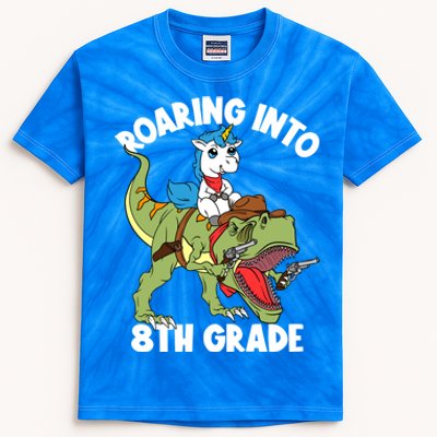 Roaring Into 8th Grade Unicorn Riding Dinosaur Gift Kids Tie-Dye T-Shirt