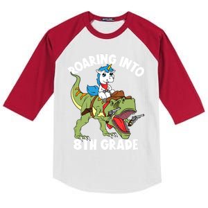 Roaring Into 8th Grade Unicorn Riding Dinosaur Gift Kids Colorblock Raglan Jersey