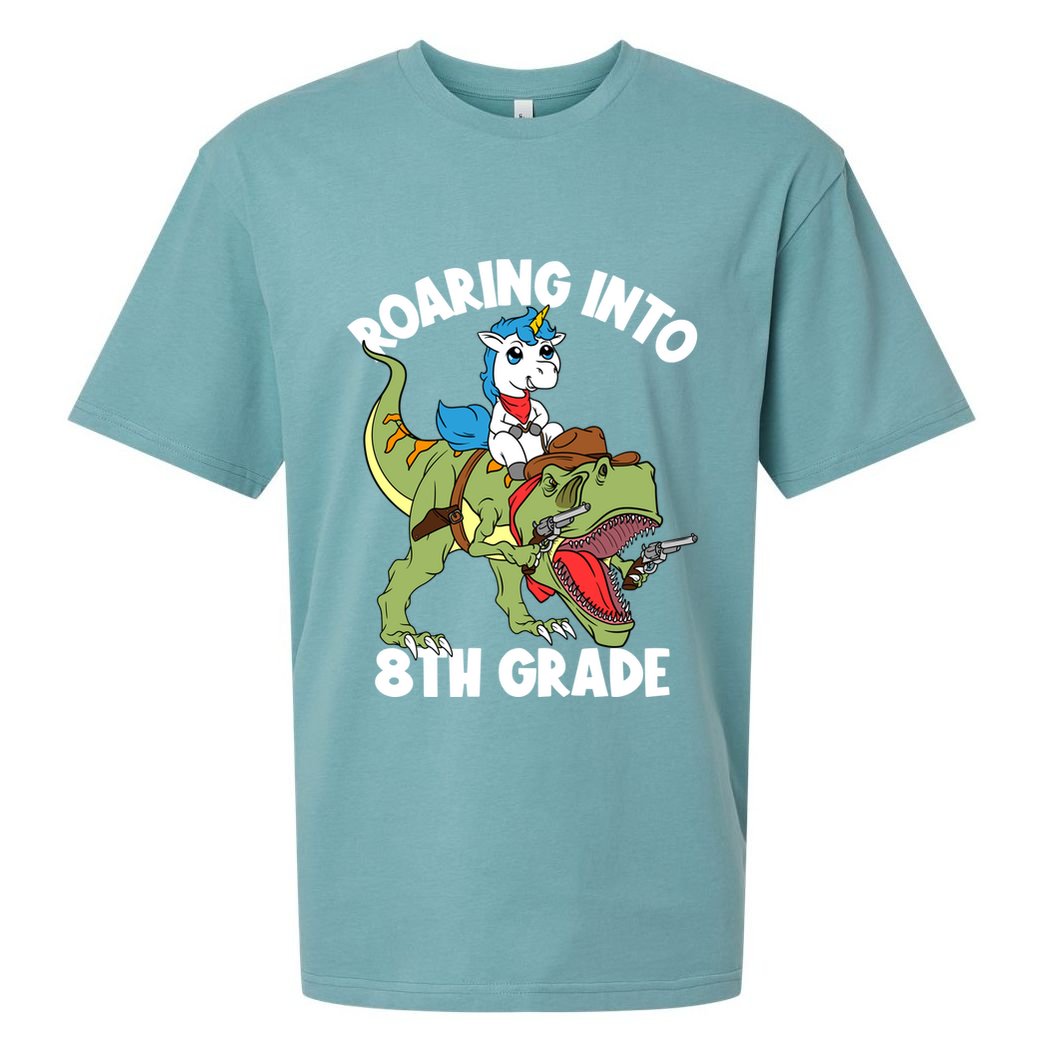Roaring Into 8th Grade Unicorn Riding Dinosaur Gift Sueded Cloud Jersey T-Shirt