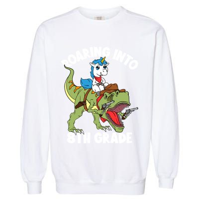 Roaring Into 8th Grade Unicorn Riding Dinosaur Gift Garment-Dyed Sweatshirt