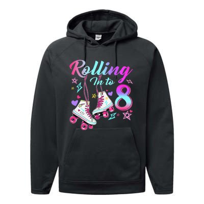 Rolling Into 8th Birthday Roller Skates 8 Year Old Rolling Performance Fleece Hoodie