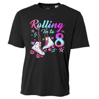 Rolling Into 8th Birthday Roller Skates 8 Year Old Rolling Cooling Performance Crew T-Shirt