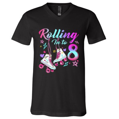 Rolling Into 8th Birthday Roller Skates 8 Year Old Rolling V-Neck T-Shirt