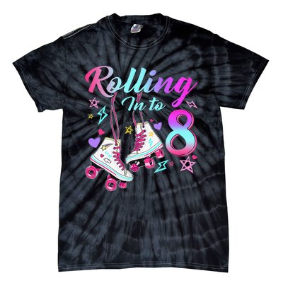 Rolling Into 8th Birthday Roller Skates 8 Year Old Rolling Tie-Dye T-Shirt